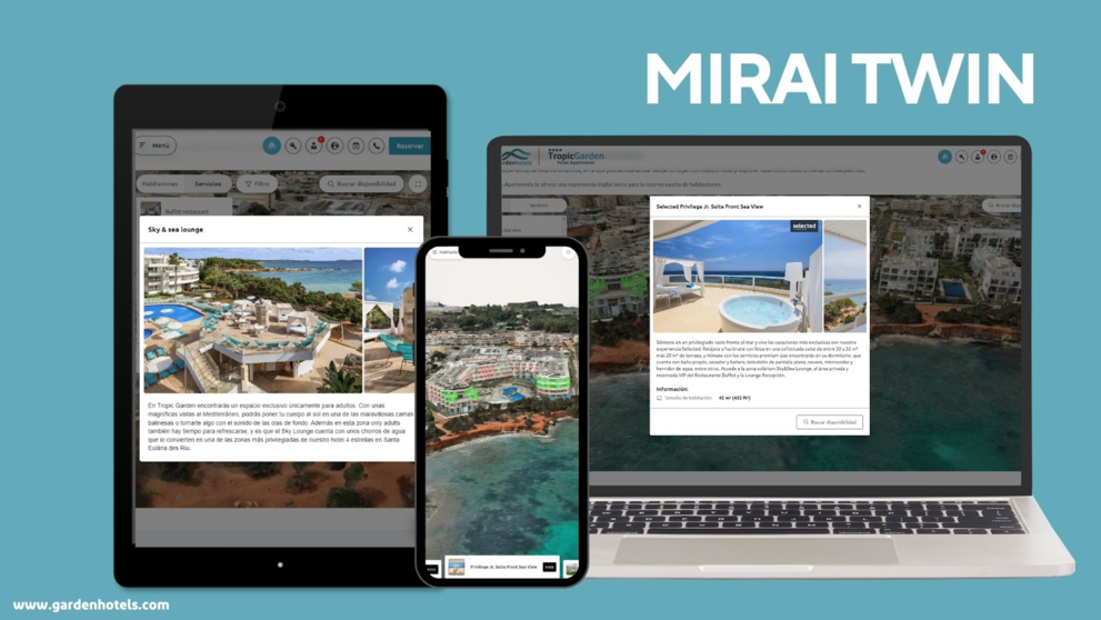 Imagen de la tecnología Mirai Twin, que permite a los clientes de Garden Hotels tener una experiencia inmersiva a través de un gemelo digital en 3D del hotel.