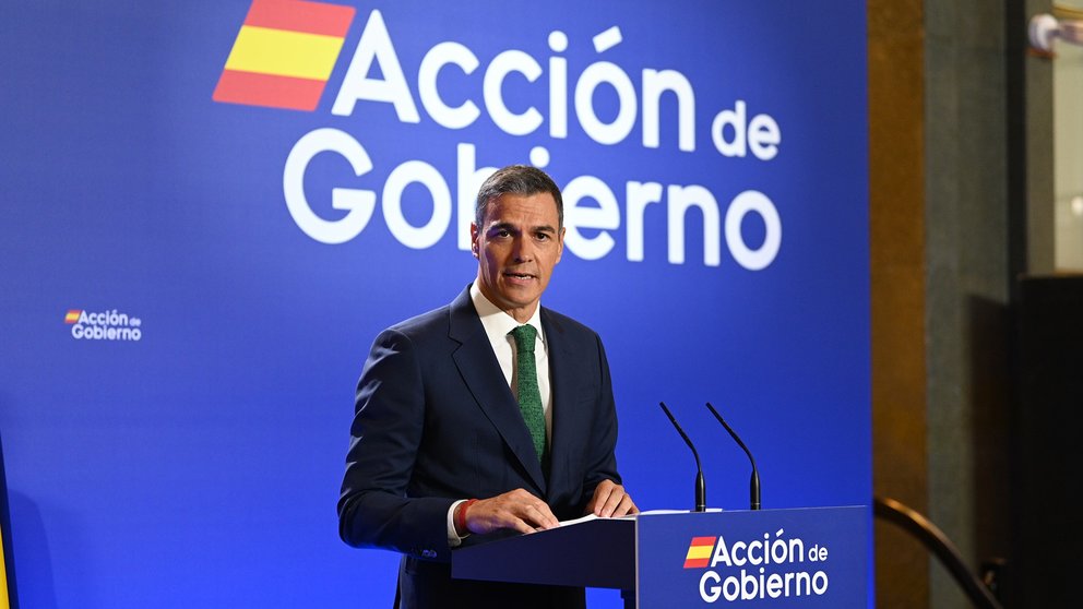  El presidente del Gobierno, Pedro Sánchez, durante su intervención en el acto de inauguración del curso político celebrado en el Instituto Cervantes. (Pool Moncloa / Borja Puig de la Bellacasa) 